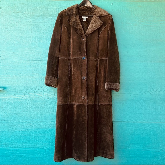 VINTAGE SUEDE MAXI LENGTH TRENCH COAT SHERPA COLLAR DARK BROWN